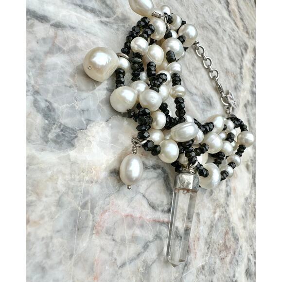 Black Tourmaline Pearl Bracelet Beaded Crystal Pearl Charms Sterling 8" - 8.5" - Picture 4 of 5